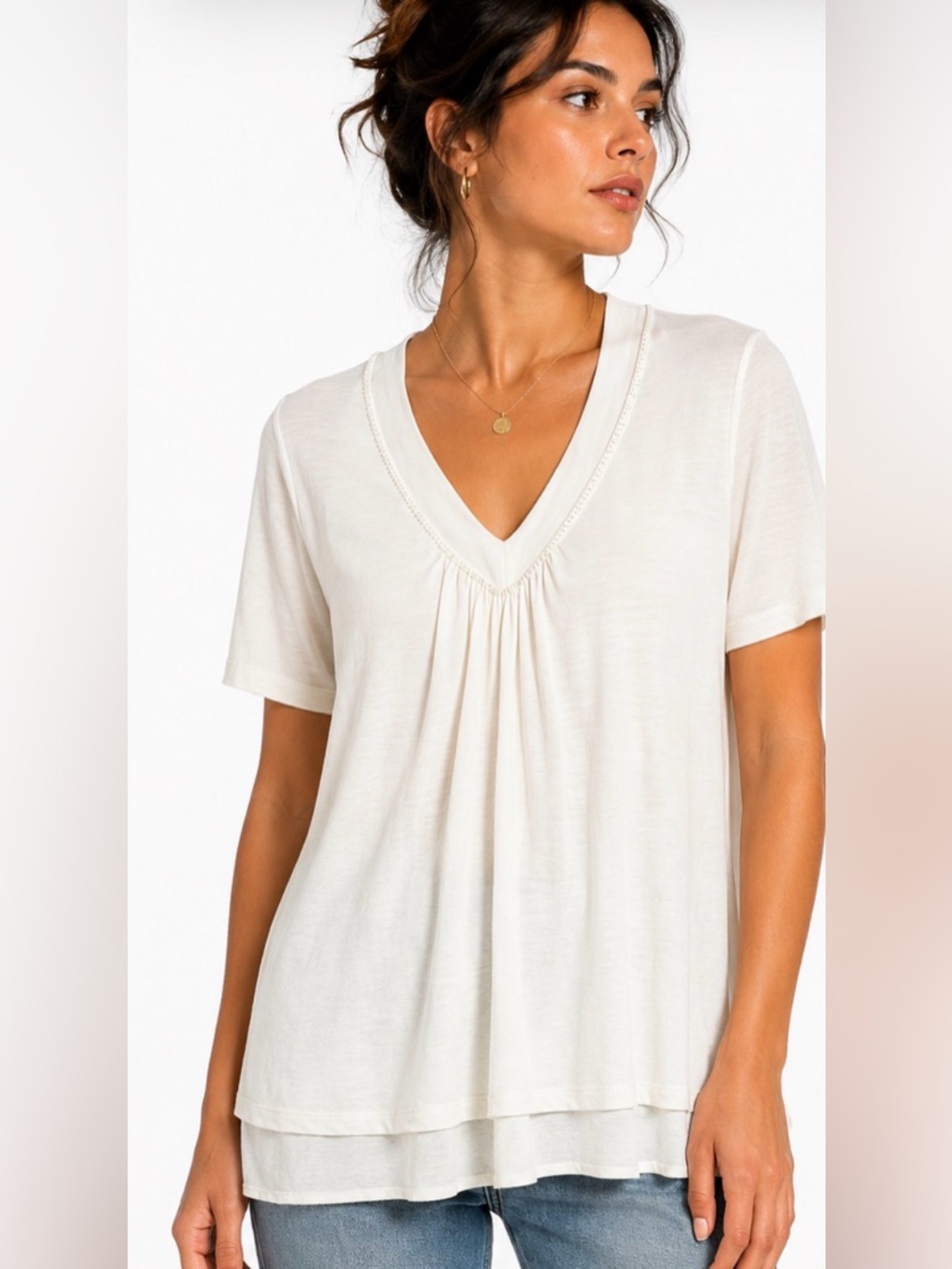 Olsen Europe Ivory Lyocell Layered Tee Top Size 8 US / 14 UK with pearls